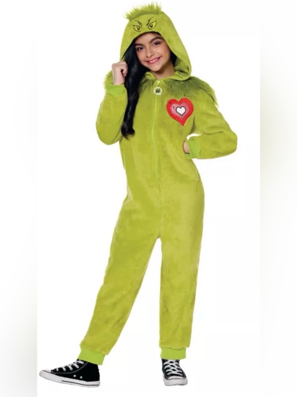 Kids Lime Green Heart Grinch Hooded Onesie Costume size 8 girls